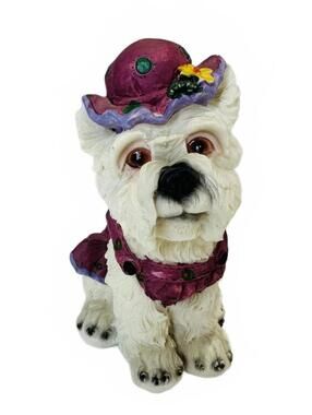 Adorable White Dog Figurine Polka Dot Purple Dress & Hat Flower Accents